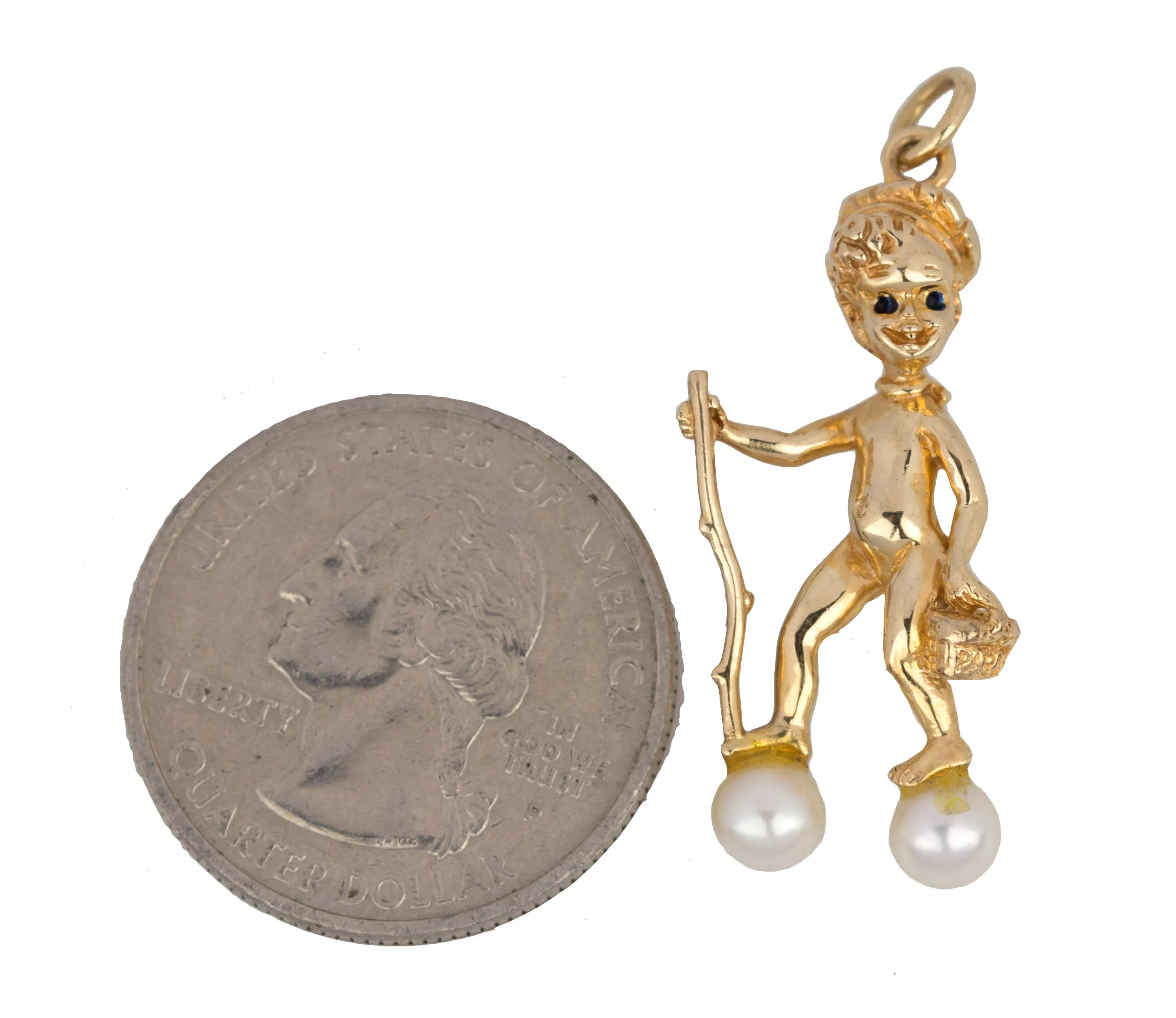 14K Solid Yellow Gold Hiking Stick Boy Figurine Pearl Charm Pendant 5.3gr