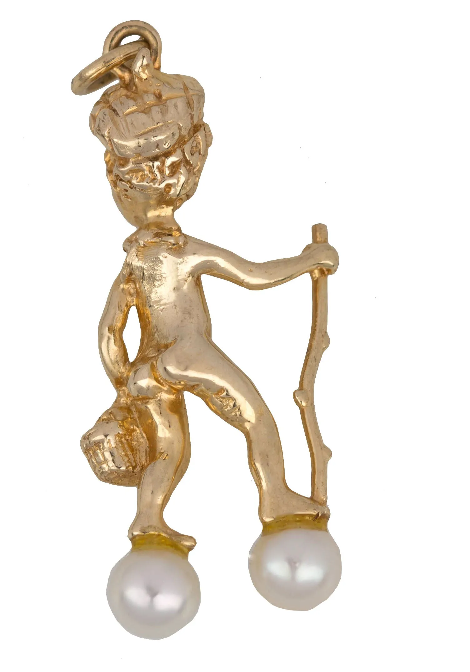 14K Solid Yellow Gold Hiking Stick Boy Figurine Pearl Charm Pendant 5.3gr