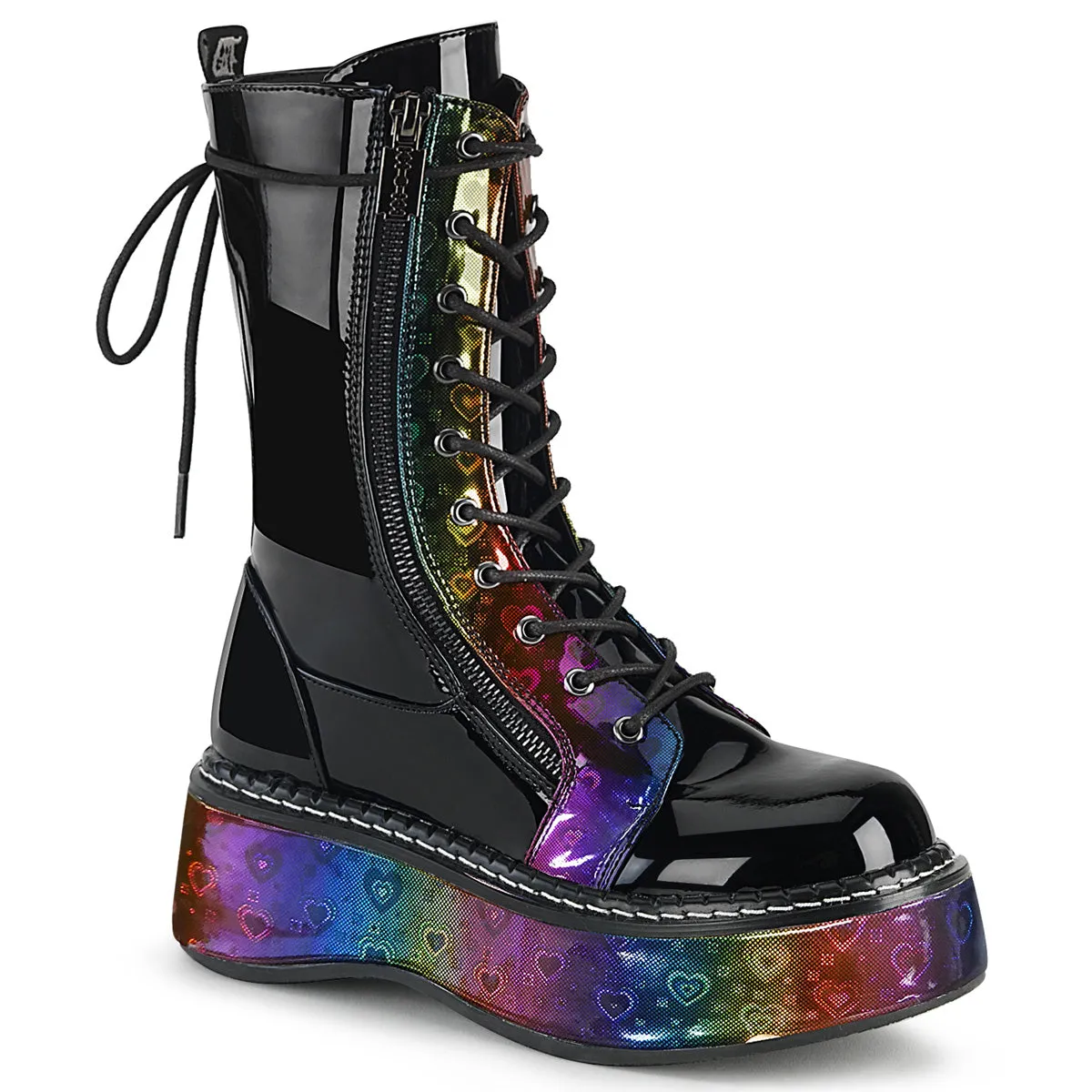 2 Inch Platform EMILY-350 Black Patent-Rainbow Hologram With Hearts