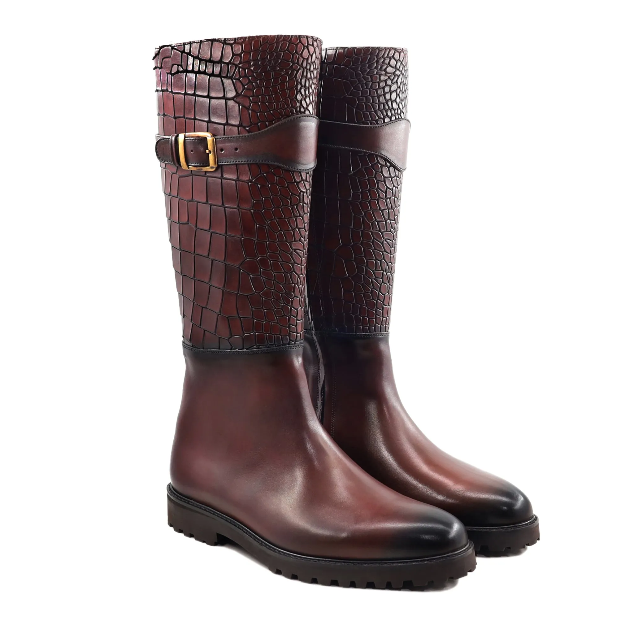 Benedi - Men's Oxblood Calf And Crocodile Printed Leather Boot