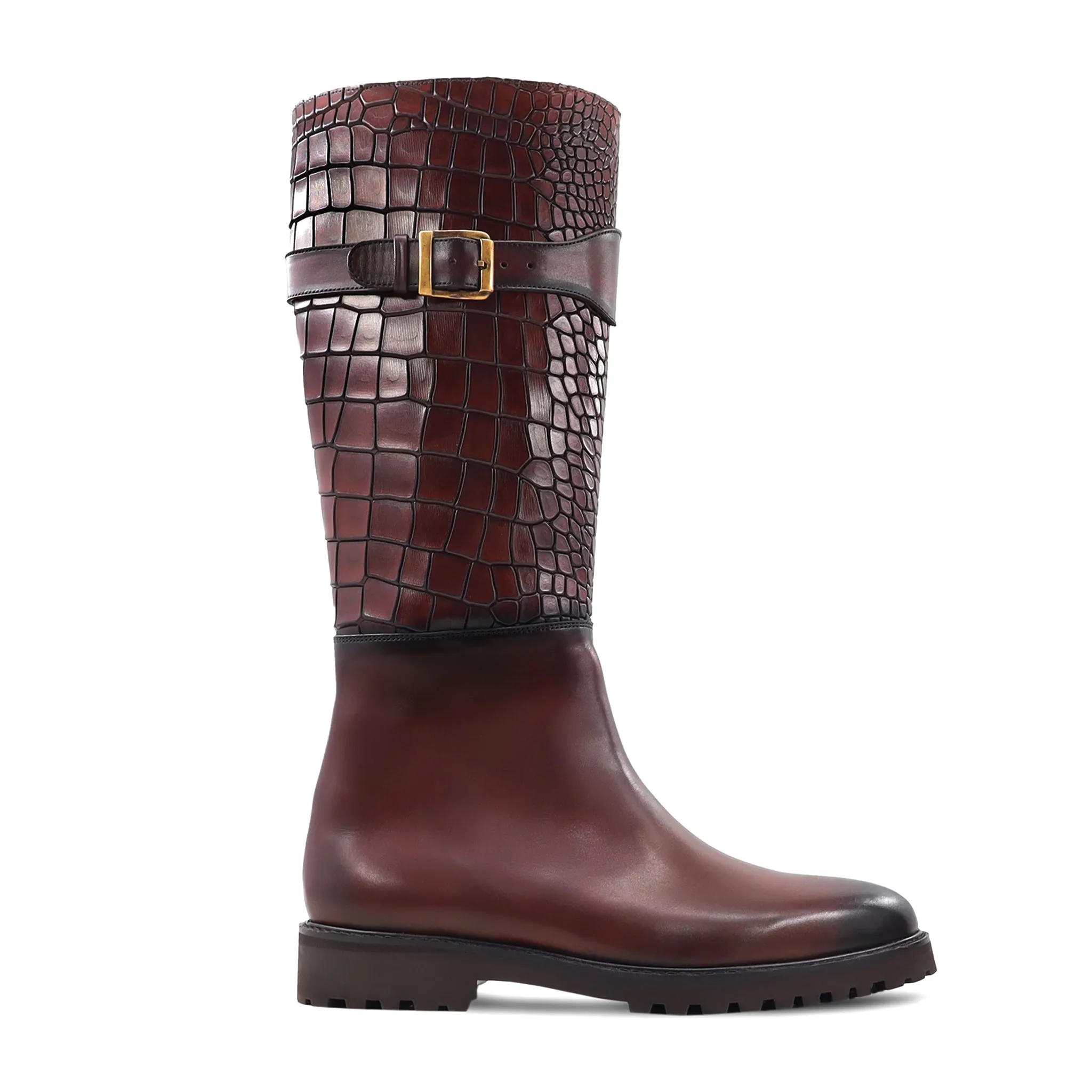 Benedi - Men's Oxblood Calf And Crocodile Printed Leather Boot