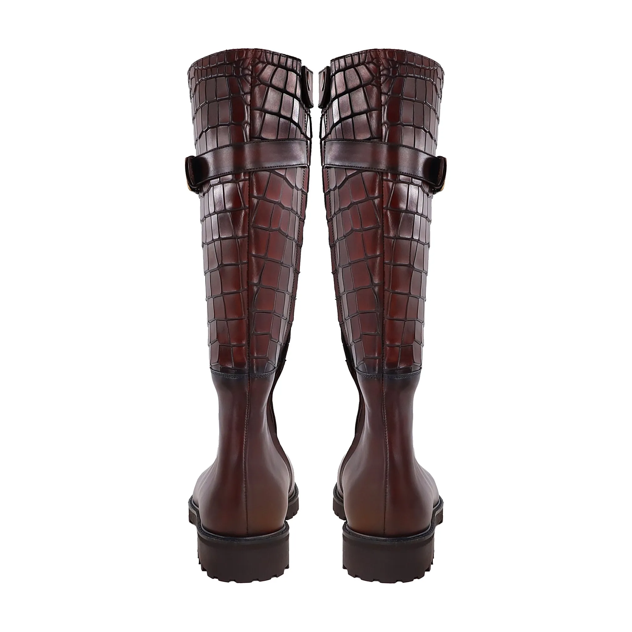 Benedi - Men's Oxblood Calf And Crocodile Printed Leather Boot