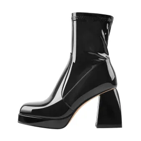 Black Patent Leather Square Chunky Heels Platform Ankle Boots