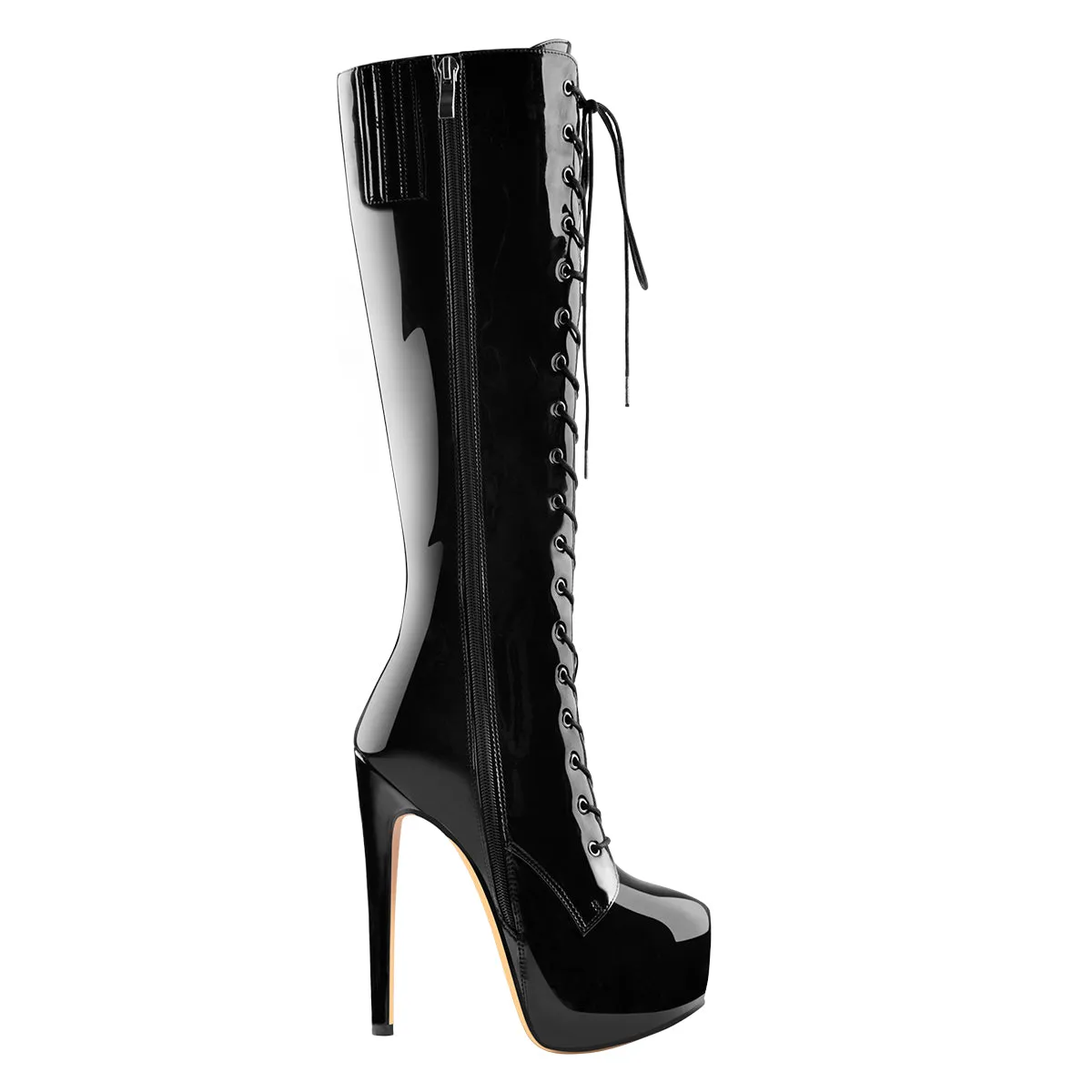 Black Platform Lace-Up Over The Knee High Heel Boot