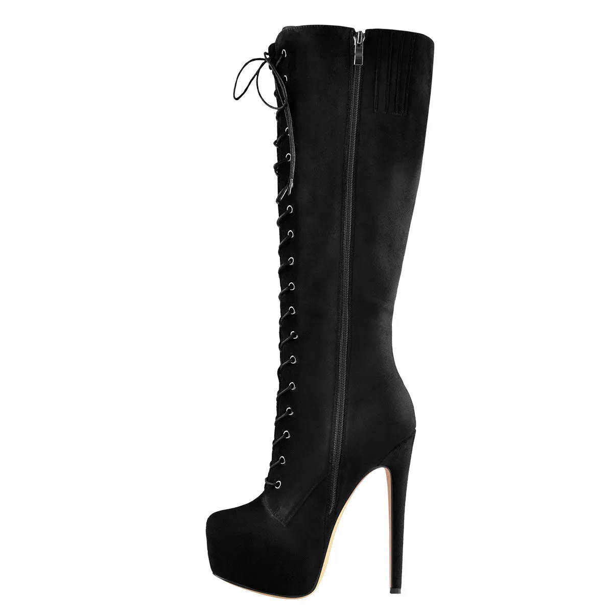 Black Platform Lace-Up Over The Knee High Heel Boot