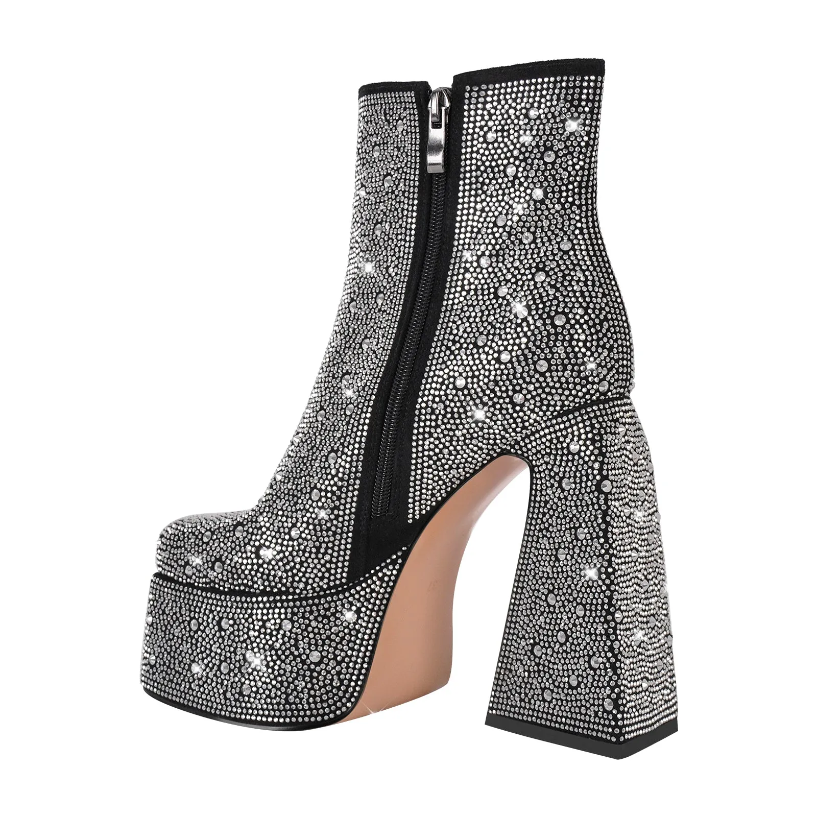 Black Rhinestone Square Toe Chunky Heel Platform Ankle Boots