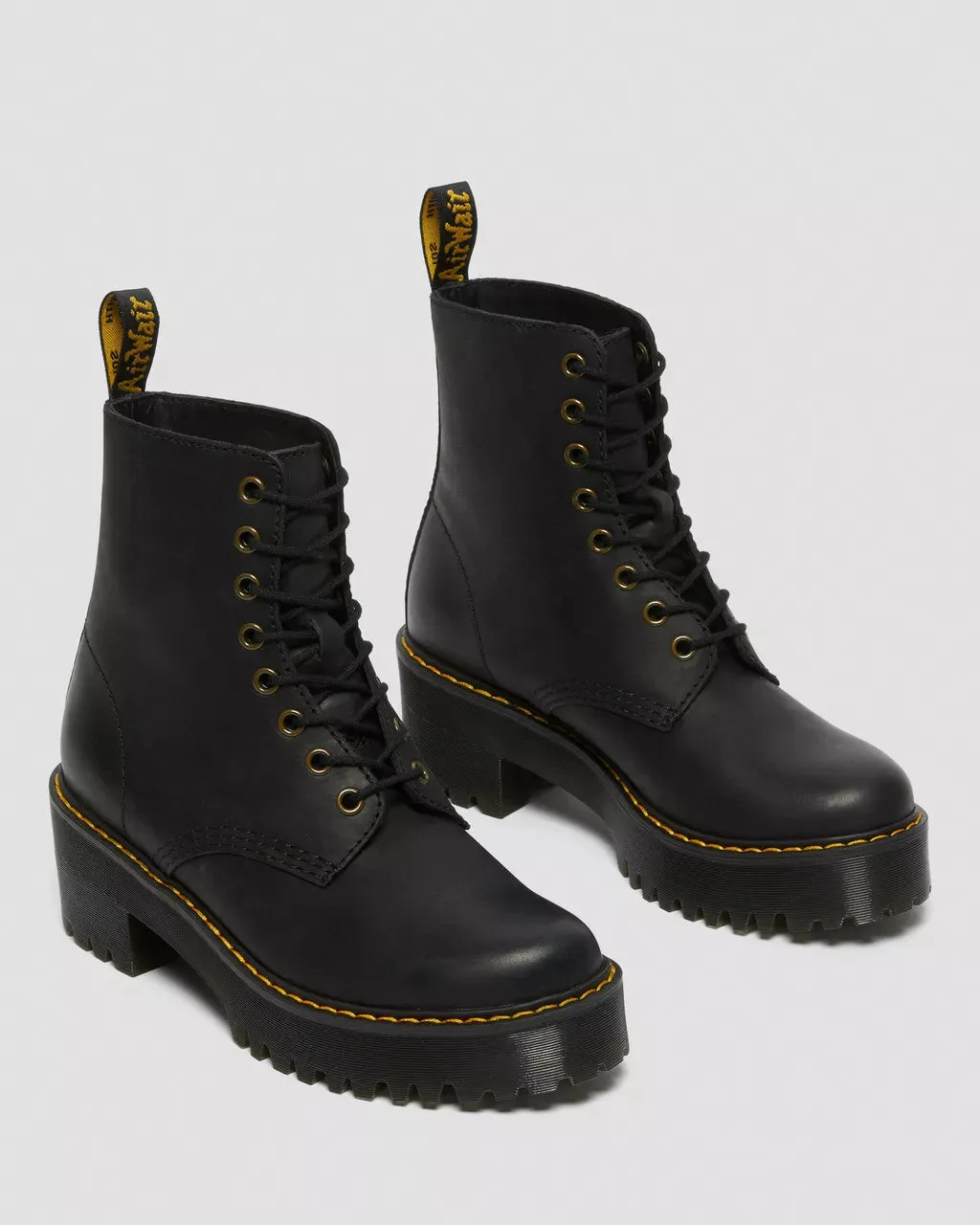 Doc Martens Women's SHRIVER HI WYOMING LEATHER HEELED BOOTS (Black Burnished)