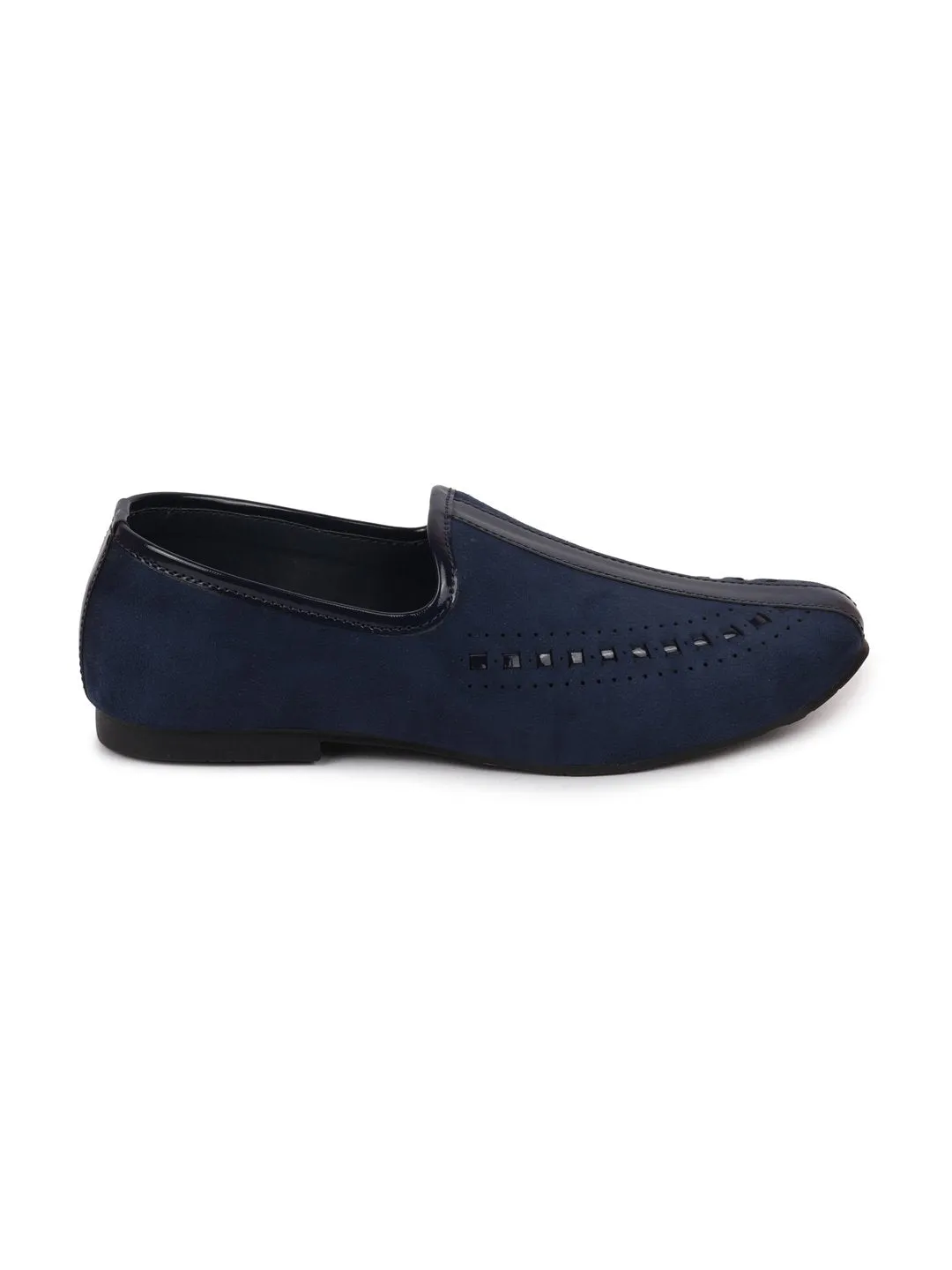 Men Ethnic Navy Blue Designer Party Wear Velvet Loafers