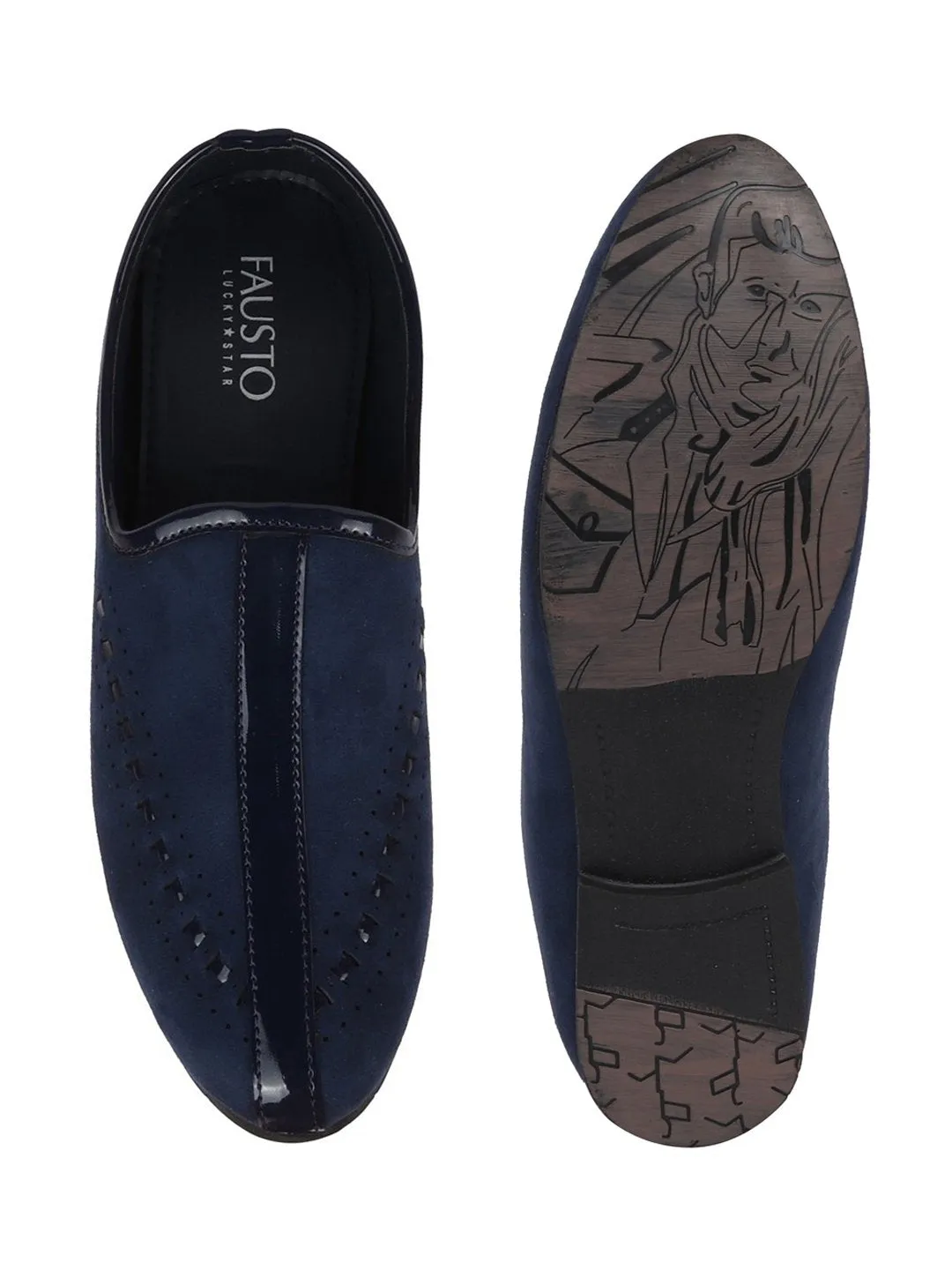 Men Ethnic Navy Blue Designer Party Wear Velvet Loafers