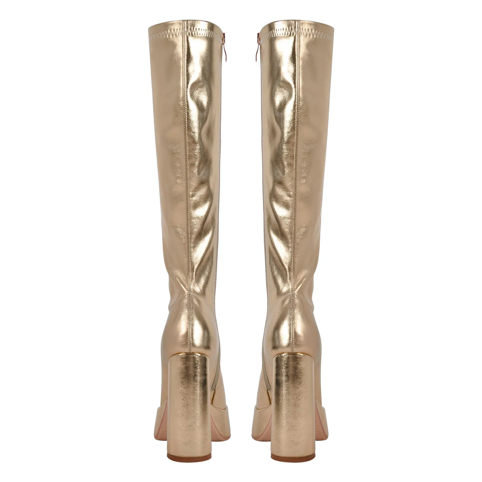 Metallic Leather Platform Chunky Heel Knee High Boots