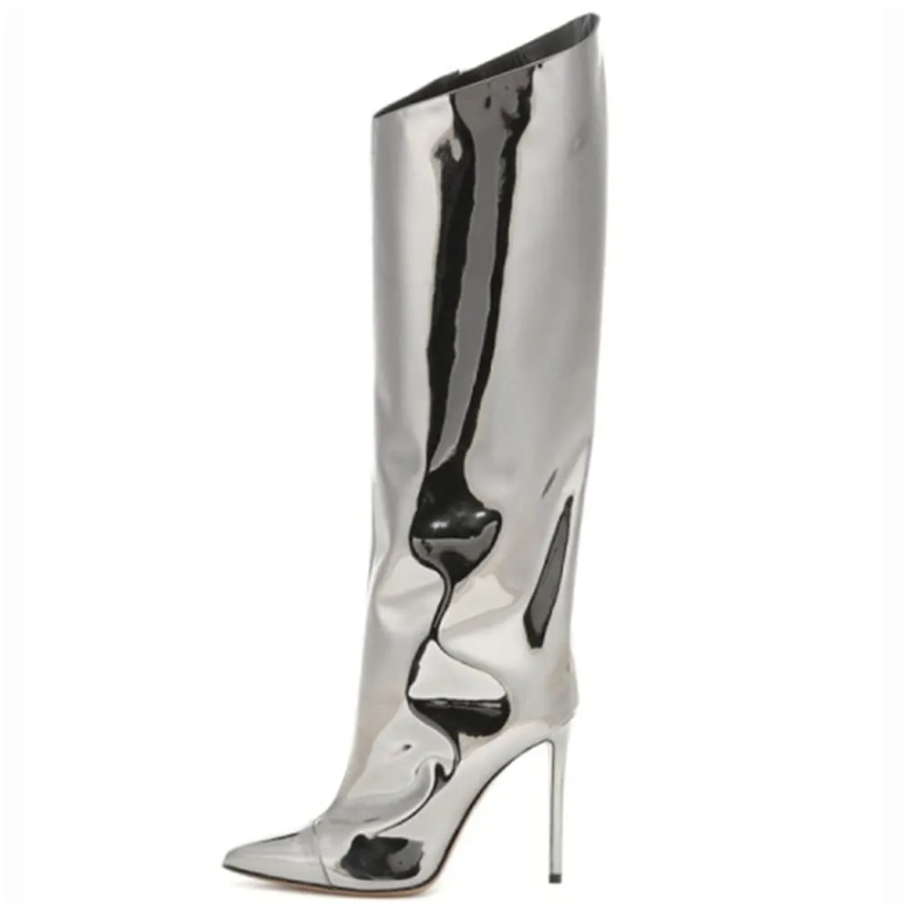 Metallic Leather Stiletto Knee High Boots