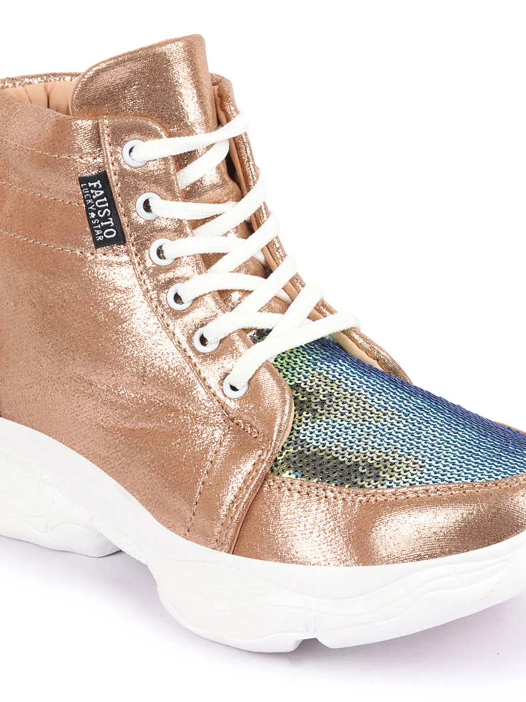 Women Golden High Ankle Lace Up Embellished Sneakers