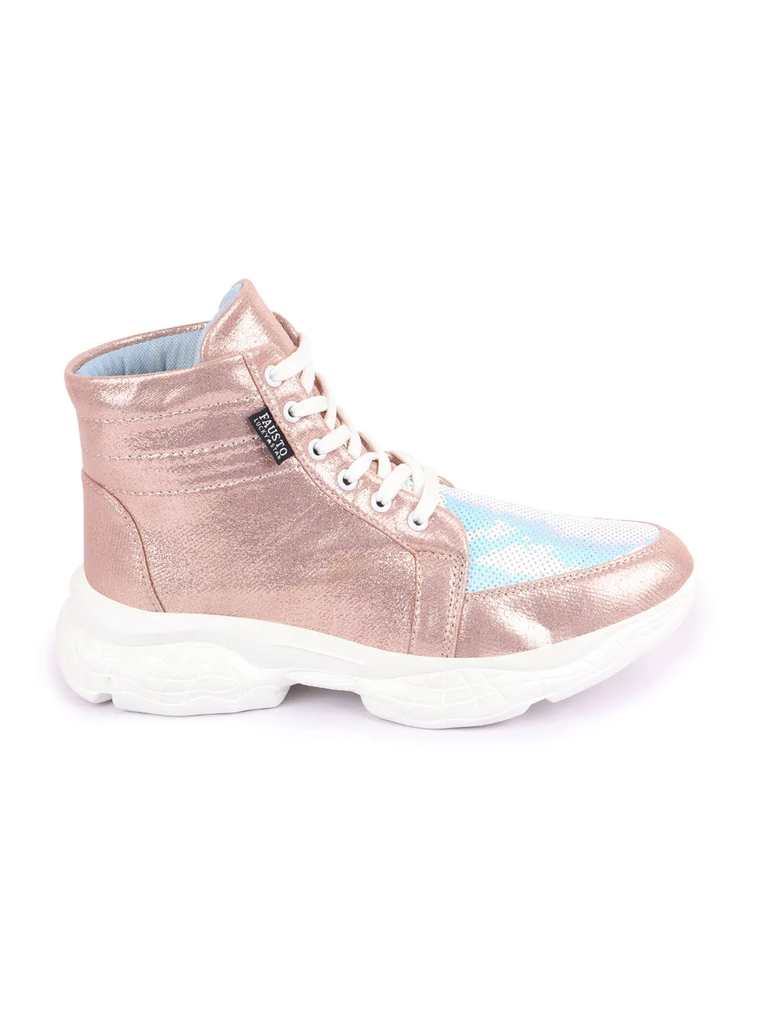 Women Pink High Ankle Lace Up Embellished Sneakers