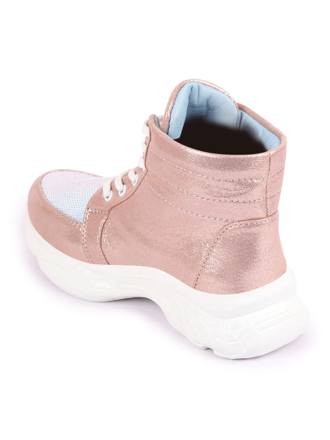 Women Pink High Ankle Lace Up Embellished Sneakers