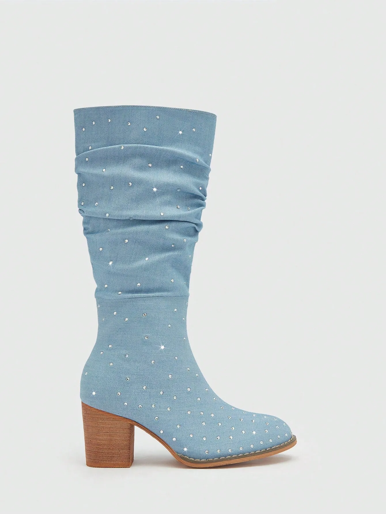 Women Rhinestone Decor Chunky Heeled Boots, Glamorous Outdoor Denim Slouchy Boots